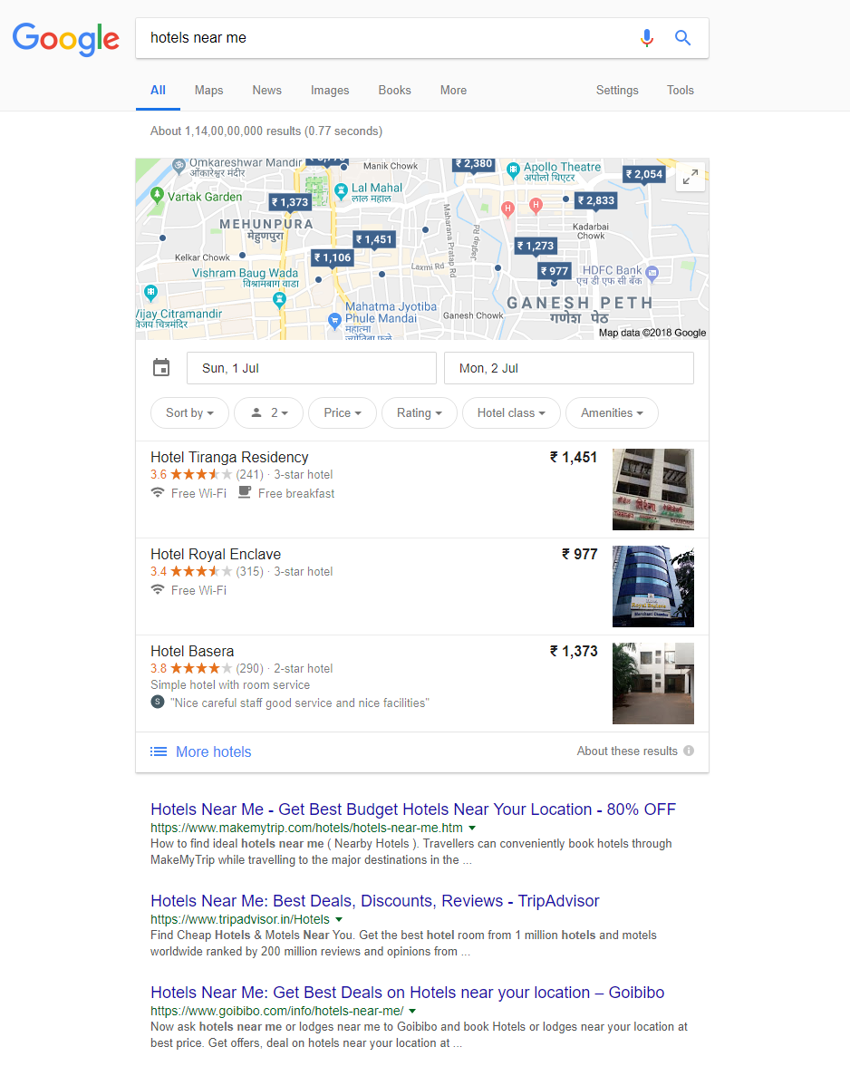 Google Search results for hotels near me keyword and local business schema