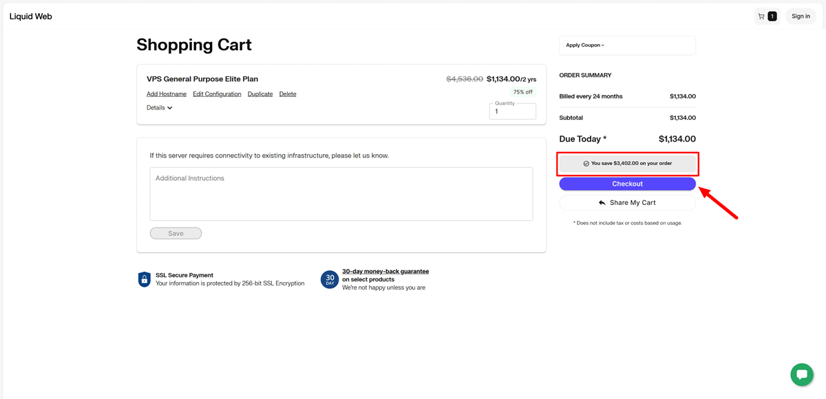Liquid Web Shopping Cart Preview Elite VPS Plan