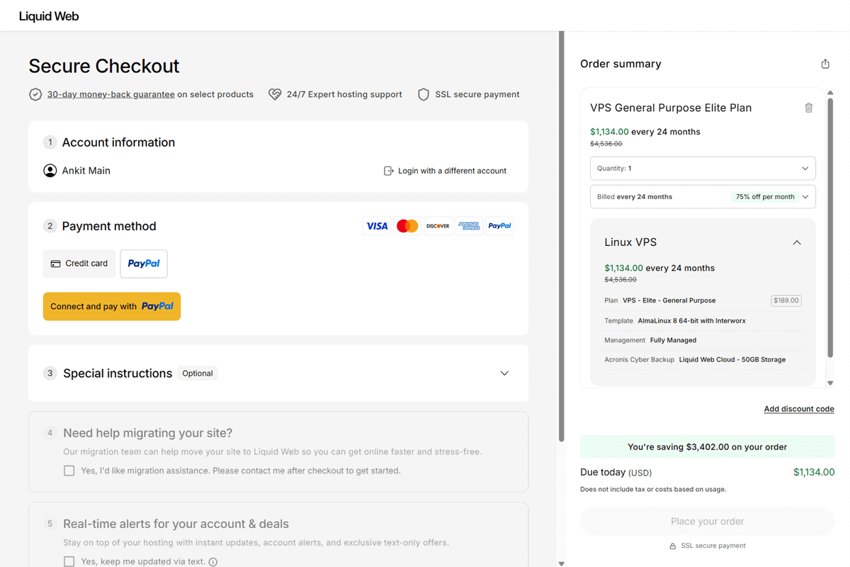 Liquid Web VPS Elite Plan Secure Checkout Page Place Your Order