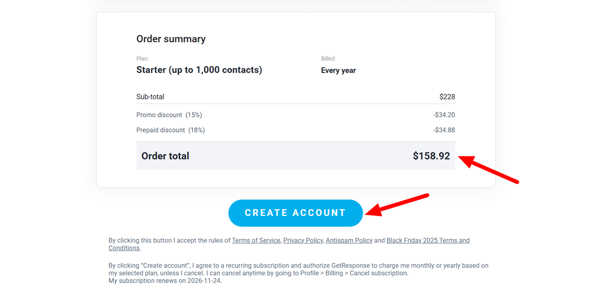 GetResponse Black Friday Order Summary and Checkout Create GetResponse Account