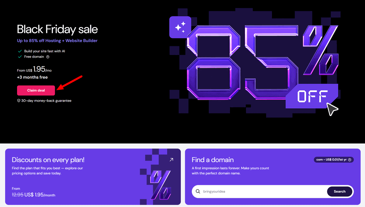 Hostinger Black Friday Deals 2025 Get 85% Off + 3 Months Free + 10% Extra + Free Domain Best Deal