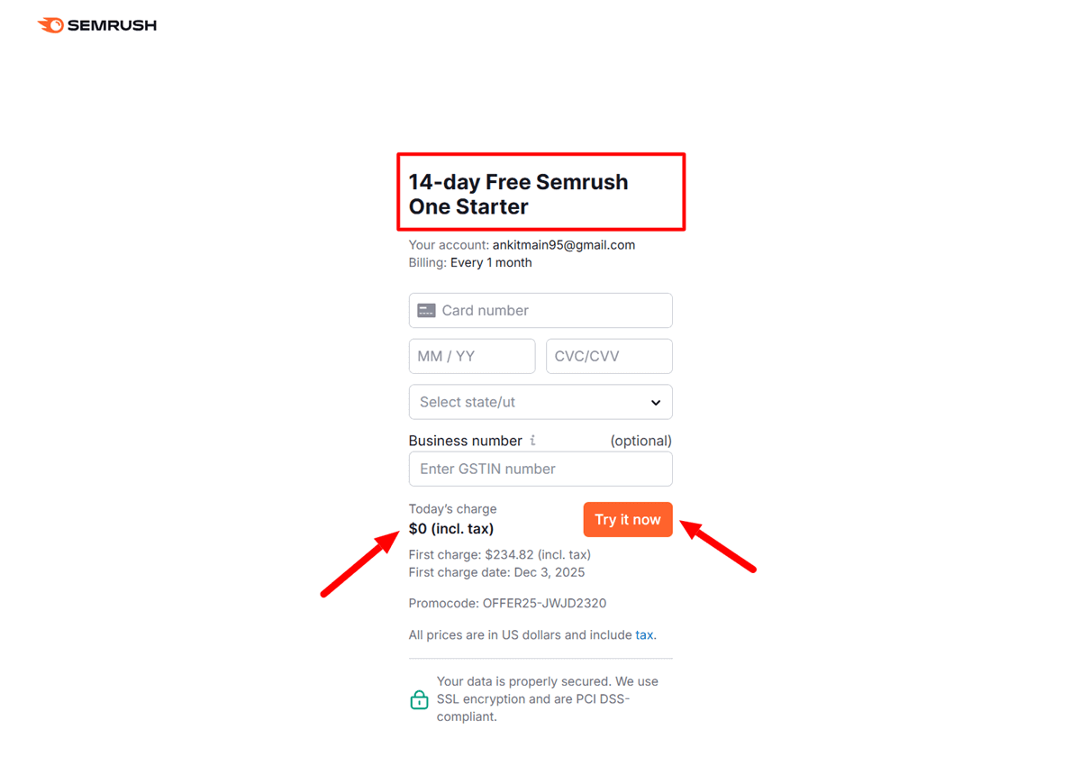 Semrush One 14-Day Free Trial Checkout Page