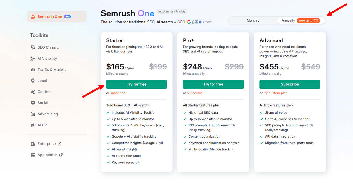 Semrush One Plans Introductory Pricing Annual