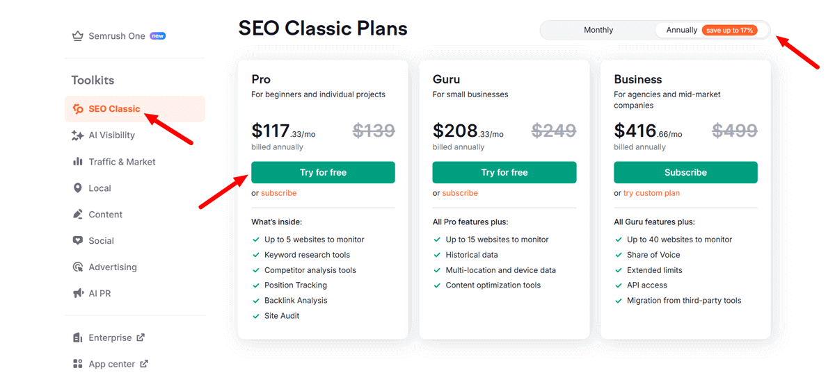 Semrush Pricing for SEO Classic Plans 2025