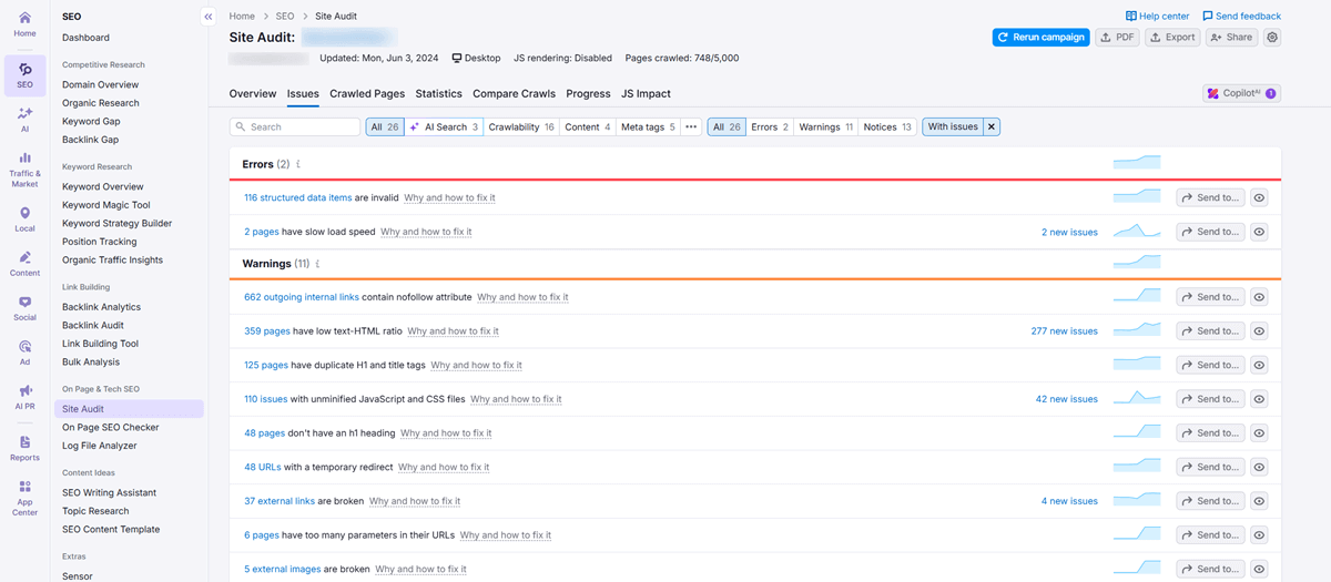 Semrush Site-Audit Feature Errors and Warnings