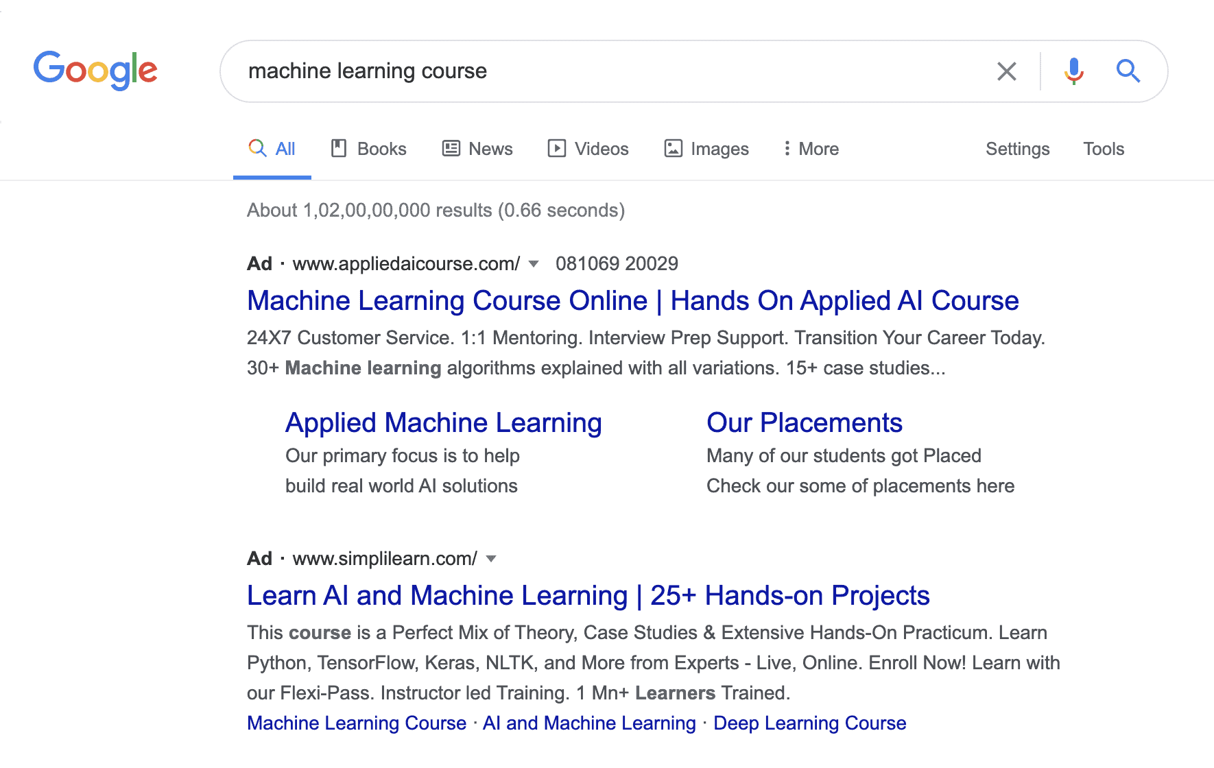 Google Search Ads for Machine Learning Courses