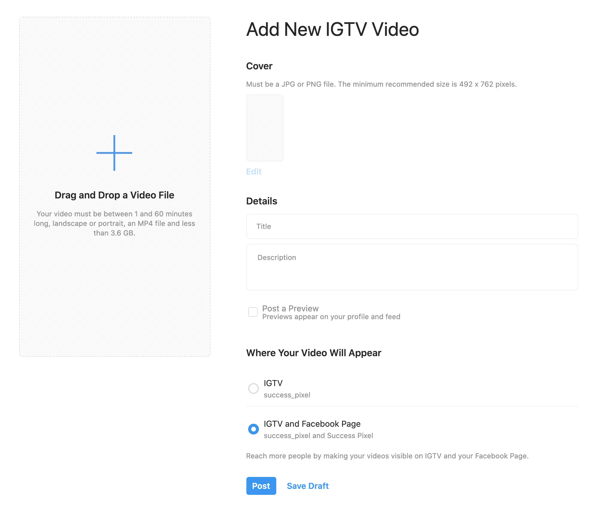 IGTV Video Upload Window Desktop Mode