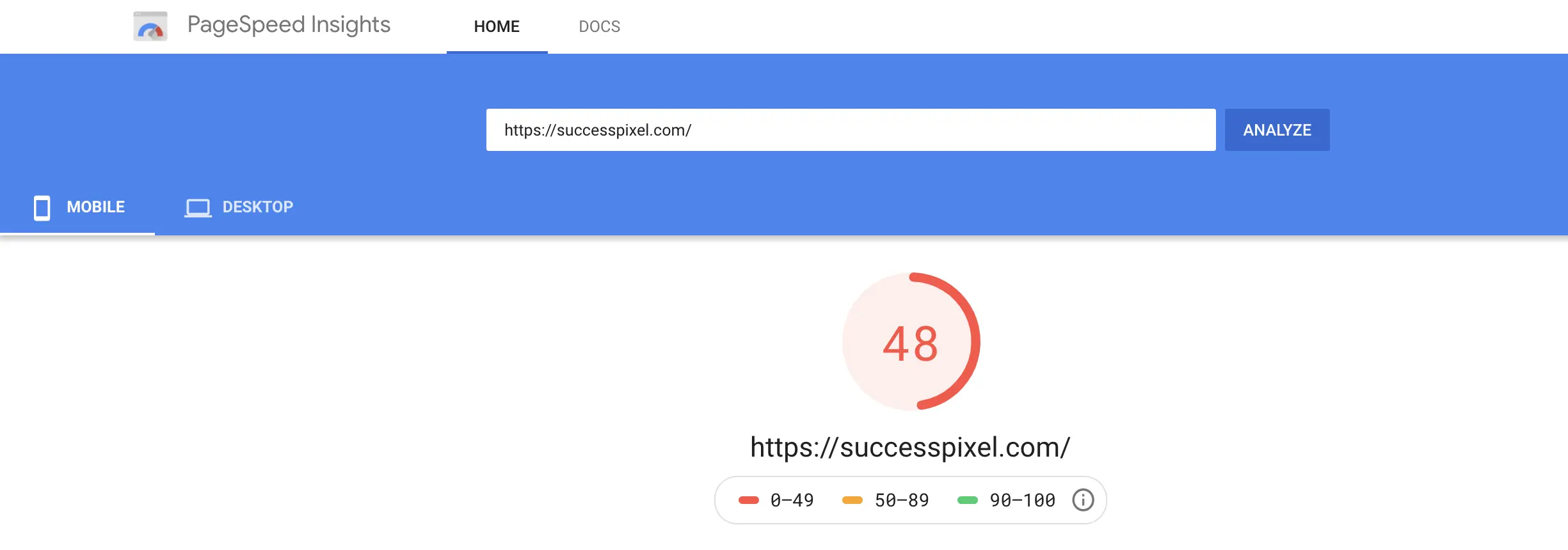 GPSI Mobile Score Before Installing SiteGround SG Optimizer