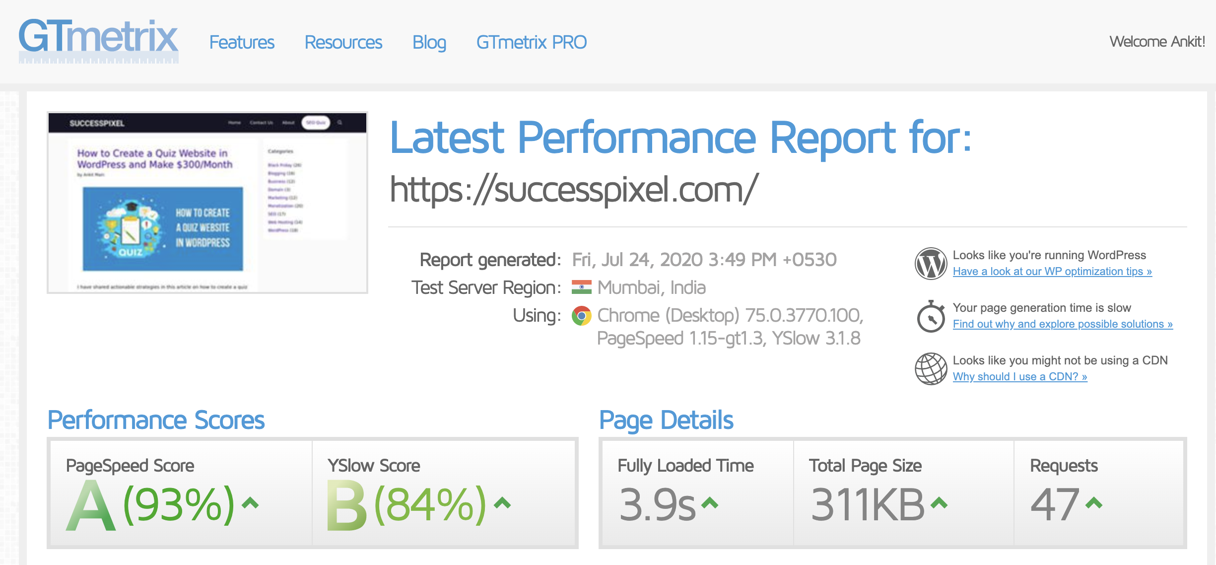 GTMetrix Score Before Installing SiteGround SG Optimizer