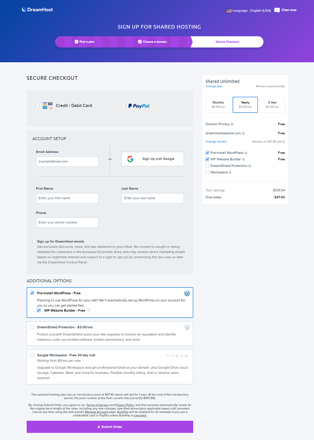 Dreamhost Shared Web Hosting Secure Checkout