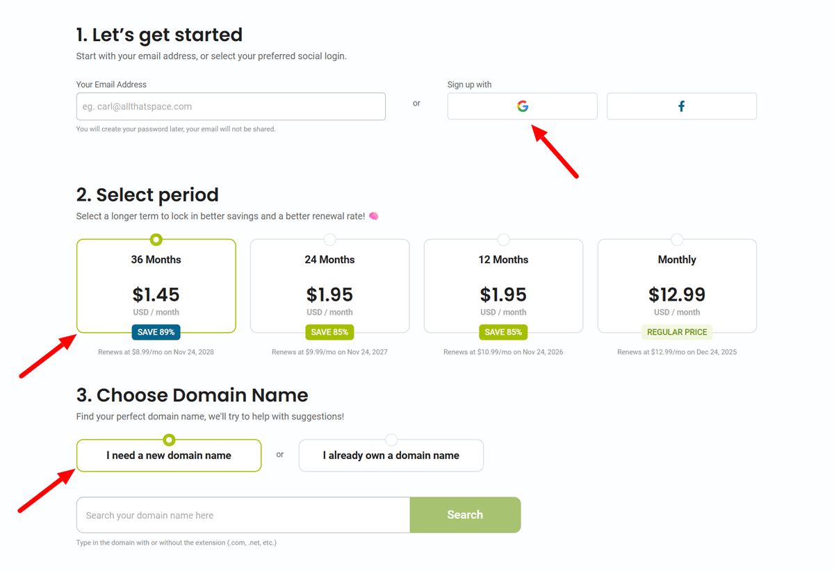 HostPapa Black Friday Deals 2025 Select Billing Cycle and Choose a Domain Name