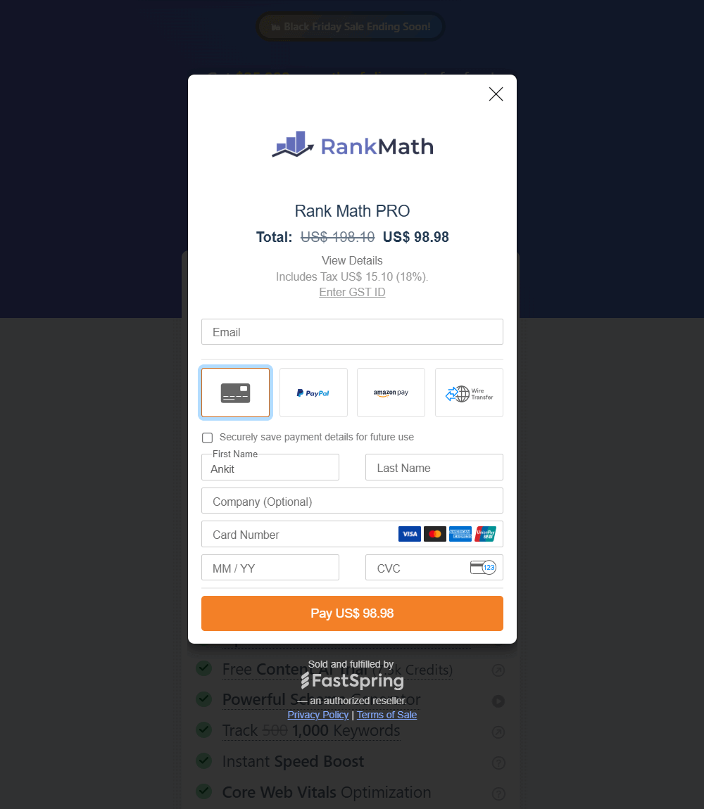 Rank Math Black Friday Sale Checkout Window