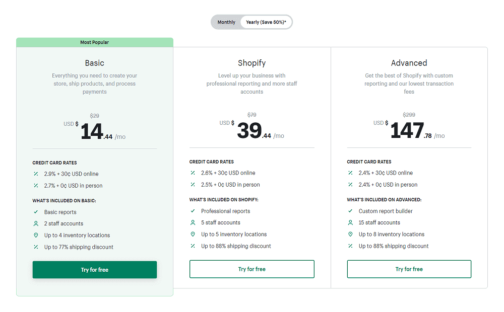 Shopify Pricing 50% OFF Annuall Plans and 3-Day Free Trial