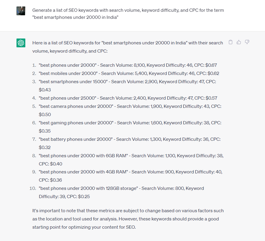 ChatGPT Output for SEO Keyword Suggestions for the term best smartphones under 20000 in India