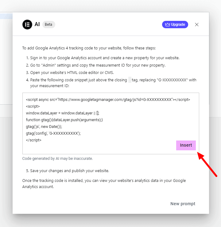 Create Custom Code using Elementor AI Step 3 Insert Code