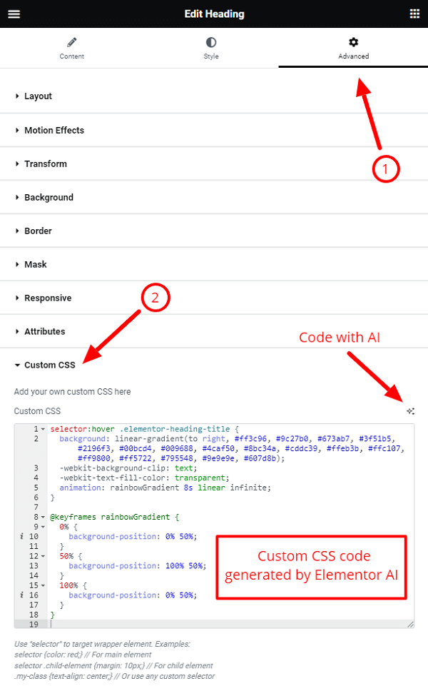 Elementor AI-Generated Custom CSS Code to Add Rainbow Effect to Heading Widget