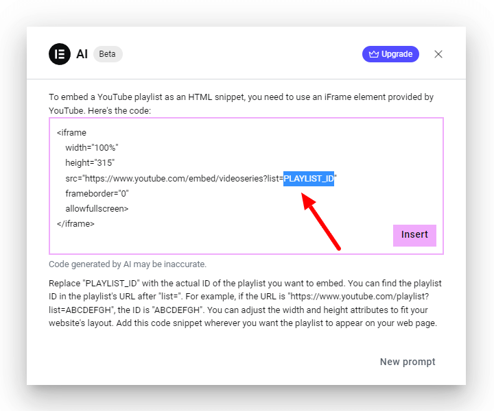 Elementor AI Output for Custom HTML Code for Embedding a YouTube Playlist