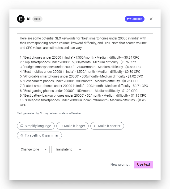 Elementor AI Output for SEO Keyword Suggestions for the term best smartphones under 20000 in India