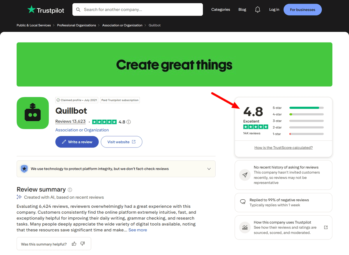 QuillBot Trustpilot Reviews Page