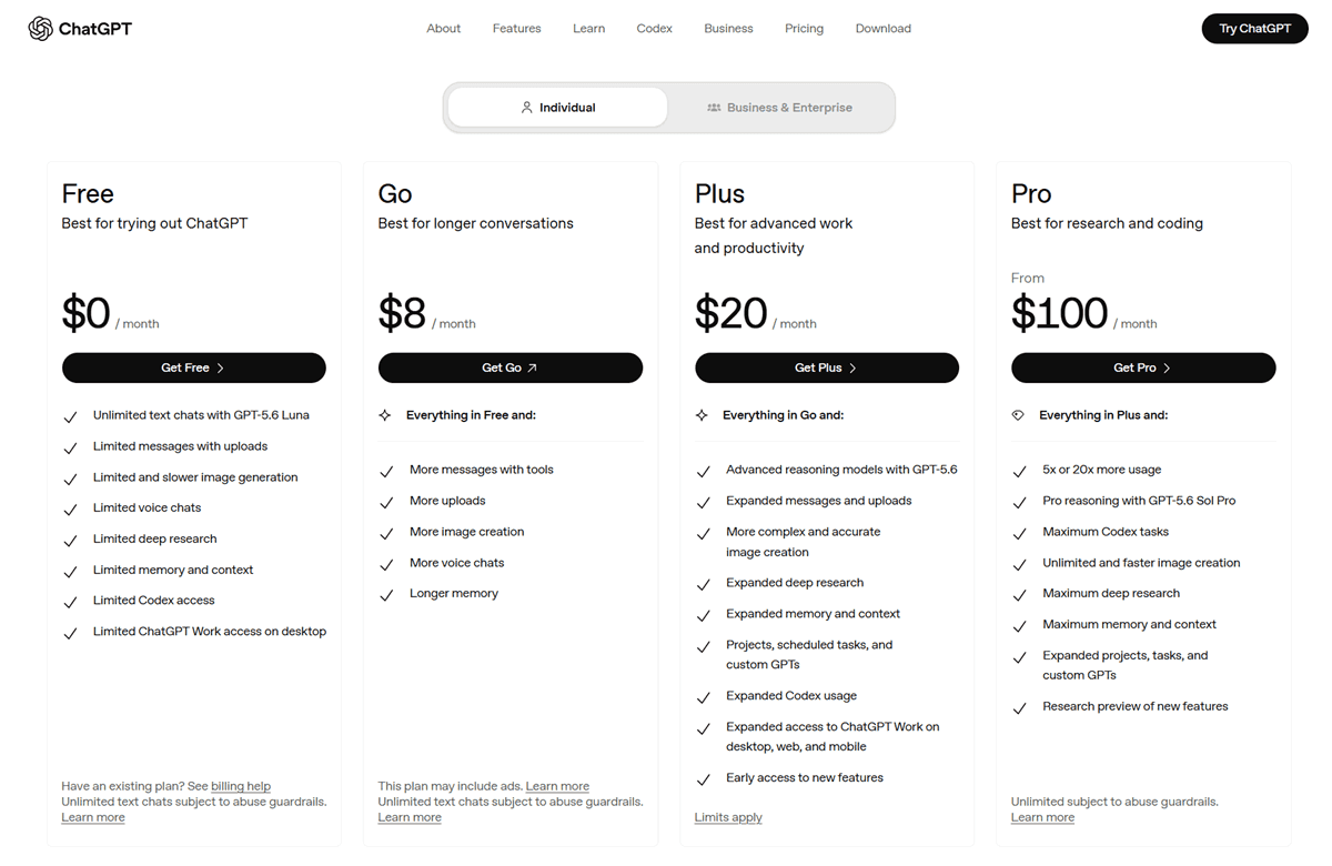 ChatGPT Pricing Plans Free, Go, Plus, Pro, Business, and Enterprise