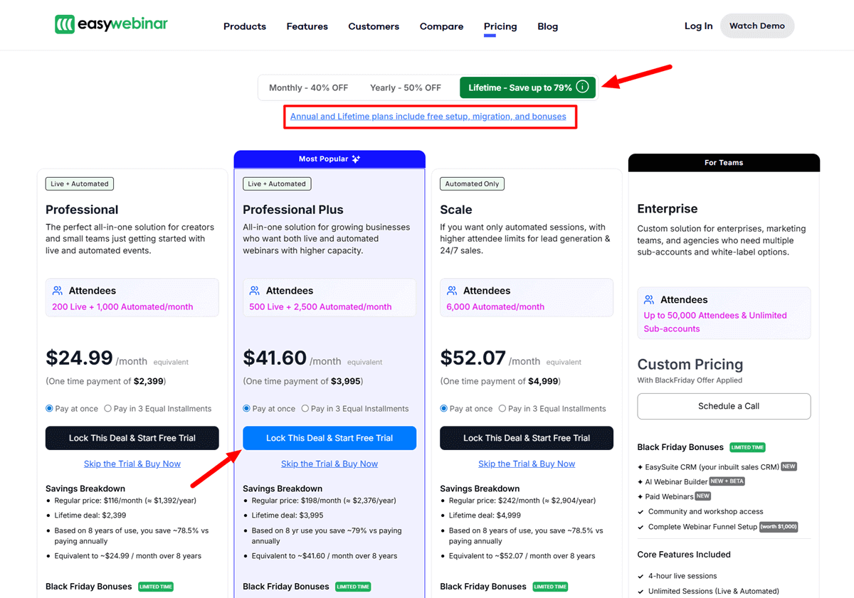 EasyWebinar Black Friday Sale Lifetime Pricing Plans
