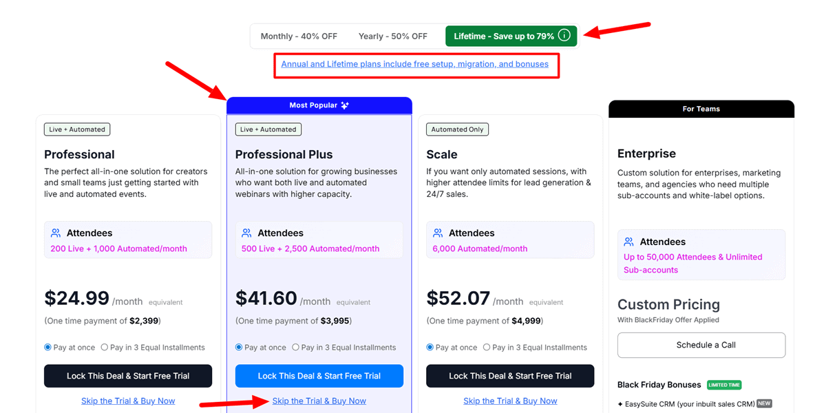 EasyWebinar Black Friday Sale Select a Suitable Plan Get Professional Plus Lifetime 79% Off + Free Exclusive Bonuses