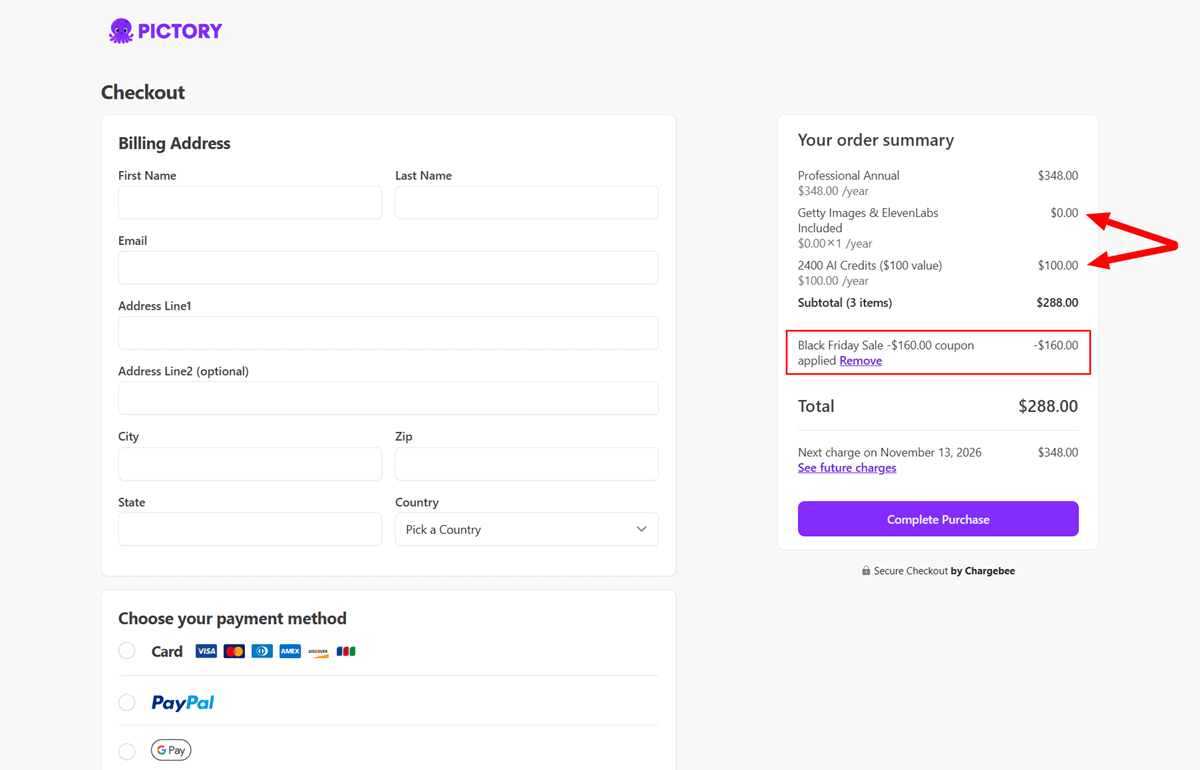 Pictory Black Friday Deals 2025 Checkout Page and Coupon Code