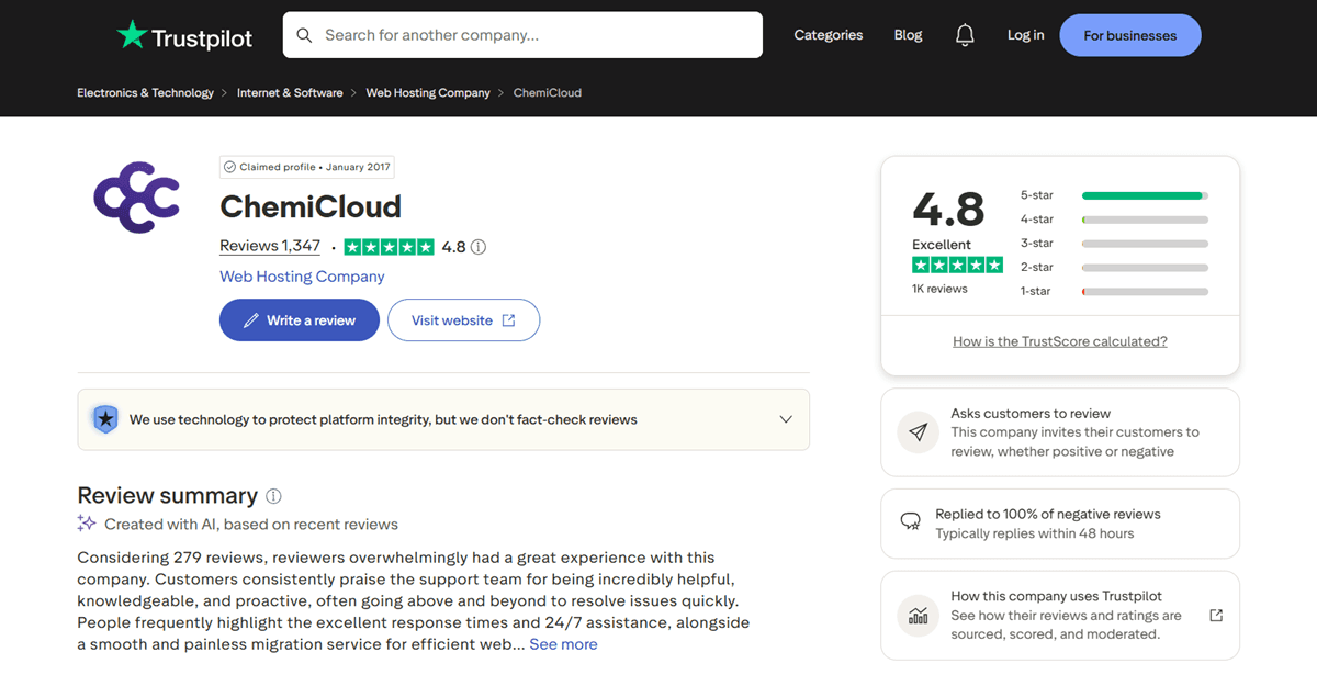 ChemiCloud Trustpilot Reviews 2026 It Has Received 4.8 out of 5 Stars Ratings
