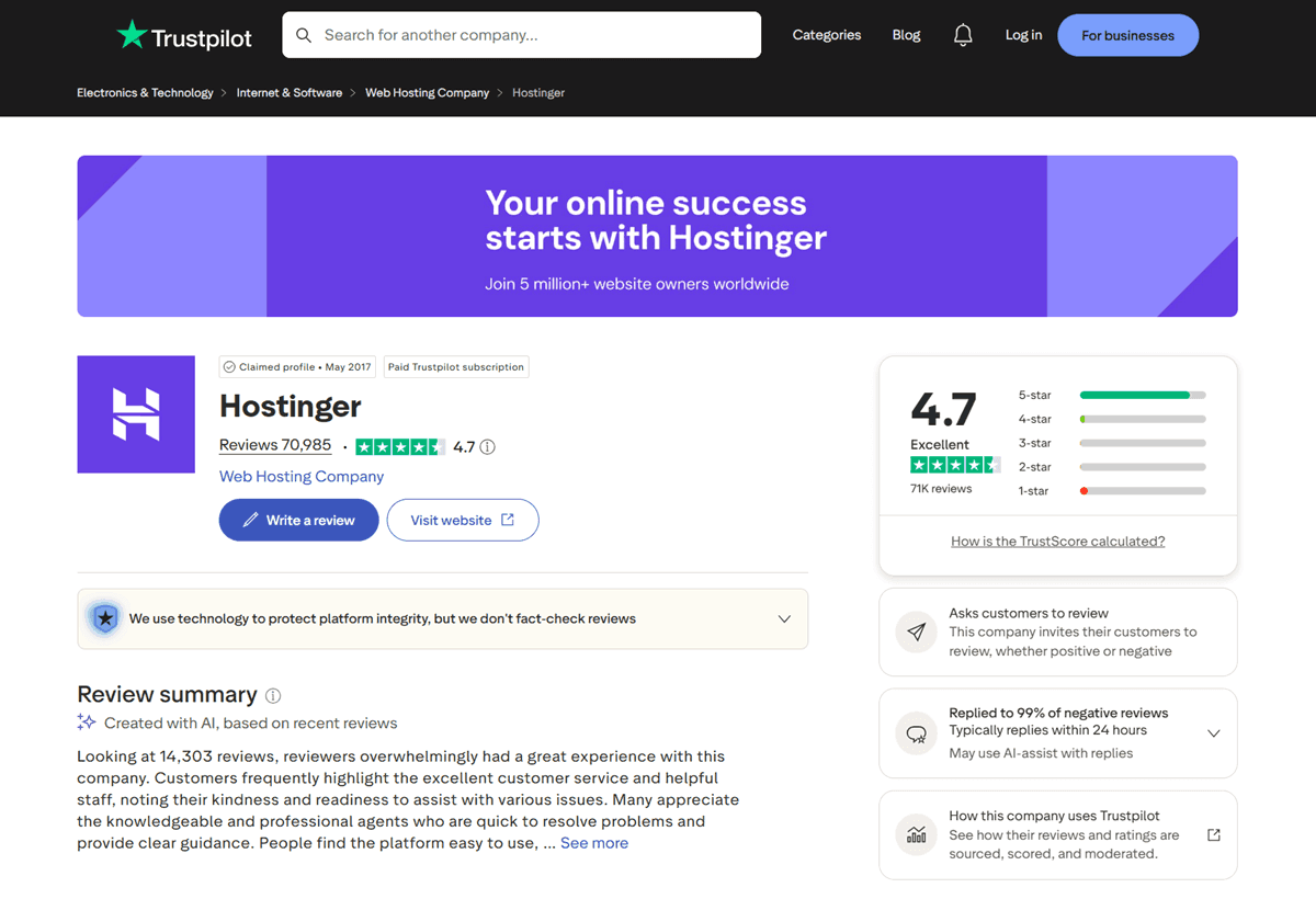 Hostinger Trustpilot Reviews 2026 It Has Received 4.7 out of 5 Stars Ratings