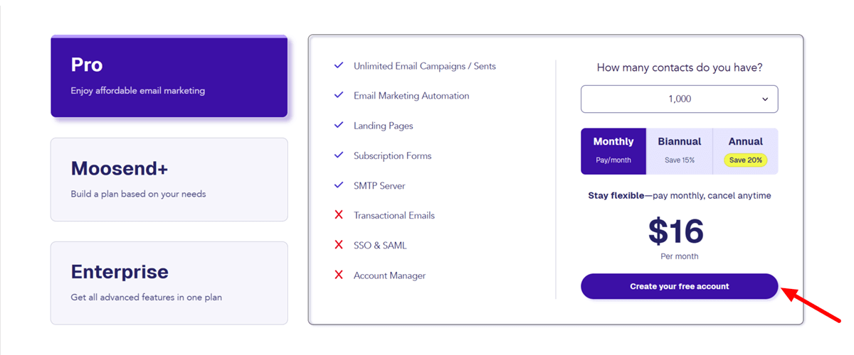 Moosend Pricing Pro Plan for Up to 1000 Contacts