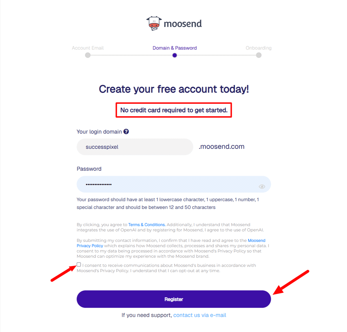 Register with Moosend Choose Your Login Subdomain and Password