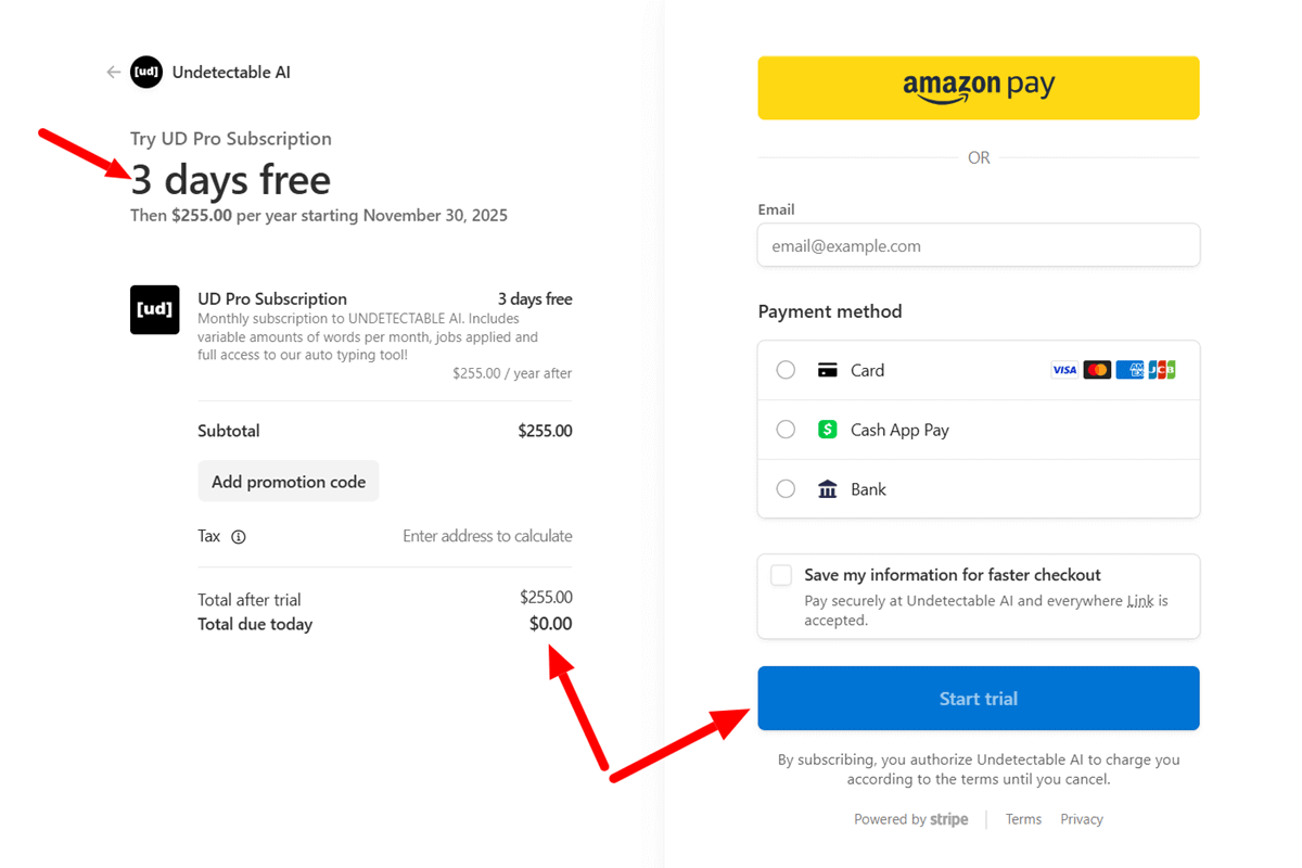 Undetectable AI Free Trial 3-Day Free Trial Activation Checkout