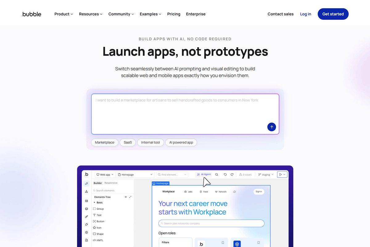 Bubble AI app development with no-code visual editing