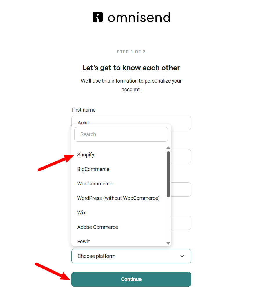 Omnisend Sign Up Choose Platform