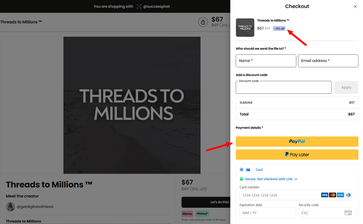 Threads to Millions Black Friday Deal Checkout Page with Discount