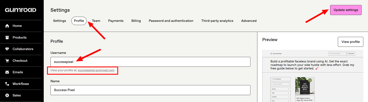 Gumroad Settings Claim your custom profile URL