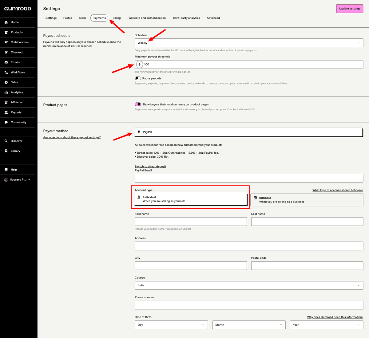Gumroad Settings: Set up Payments