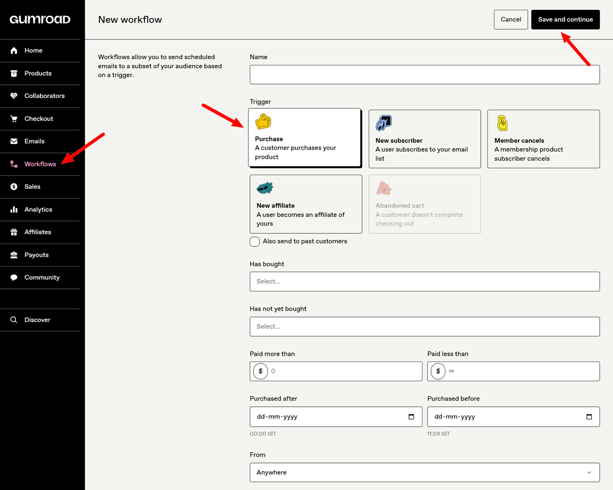 Gumroad Workflows Create New workflow