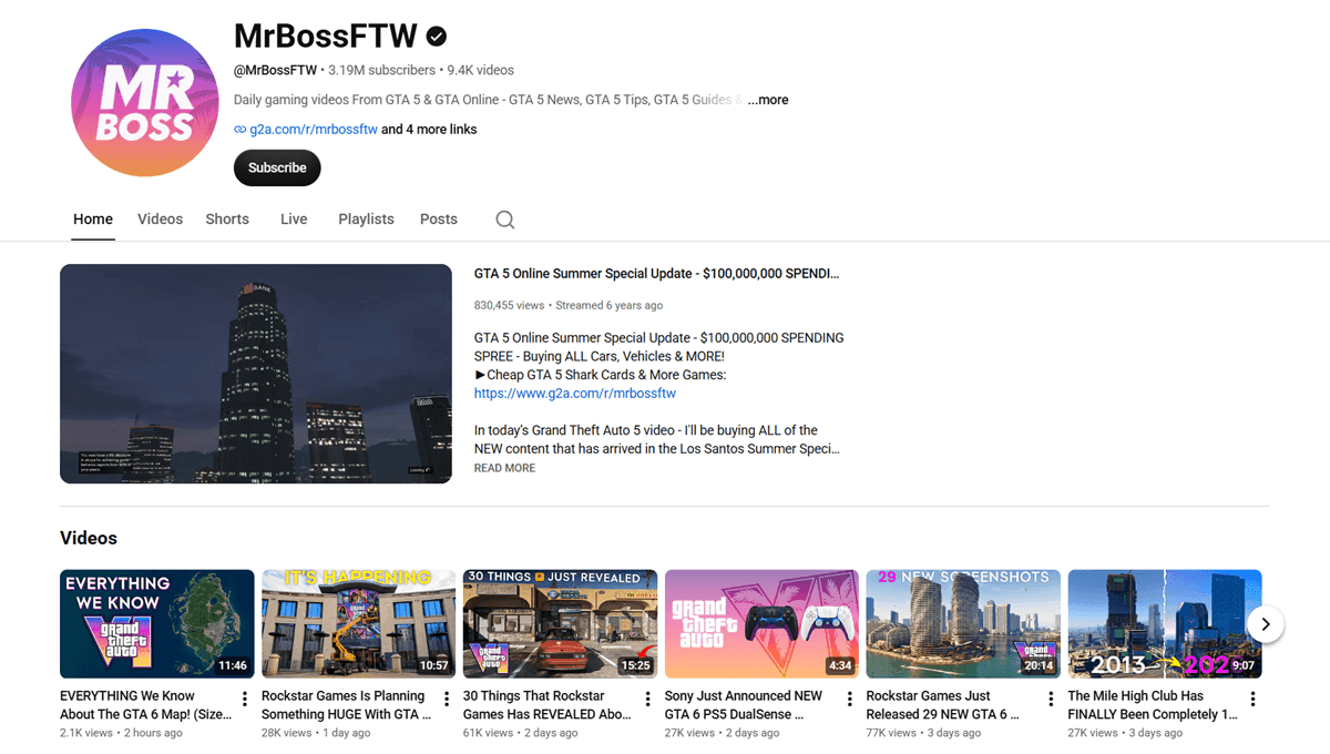 MrBossFTW YouTube Channel Posting GTA 6 Pre-launch Videos